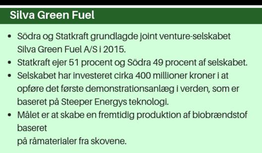 Södra og Statkraft grundlagde joint venture-selskabet Silva Green Fuel A/S i 2015. ● Statkraft ejer 51 procent og Södra 49 procent af selskabet. ● Selskabet har investeret cirka 400 millioner kroner i at opføre det første demonstrationsanlæg i verden, som 