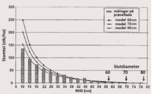 Figur 2: I den ordnede plukhugst opretholdes ’balancen’ ved at sikre, at alle dimensionsklasser er repræsenteret i bevoksningen efter en ligevægtskurve. Fra forsøgsflade Wolfach, som er blevet fulgt med målinger siden 1903. I den ikke-ordnede plukhugst kan